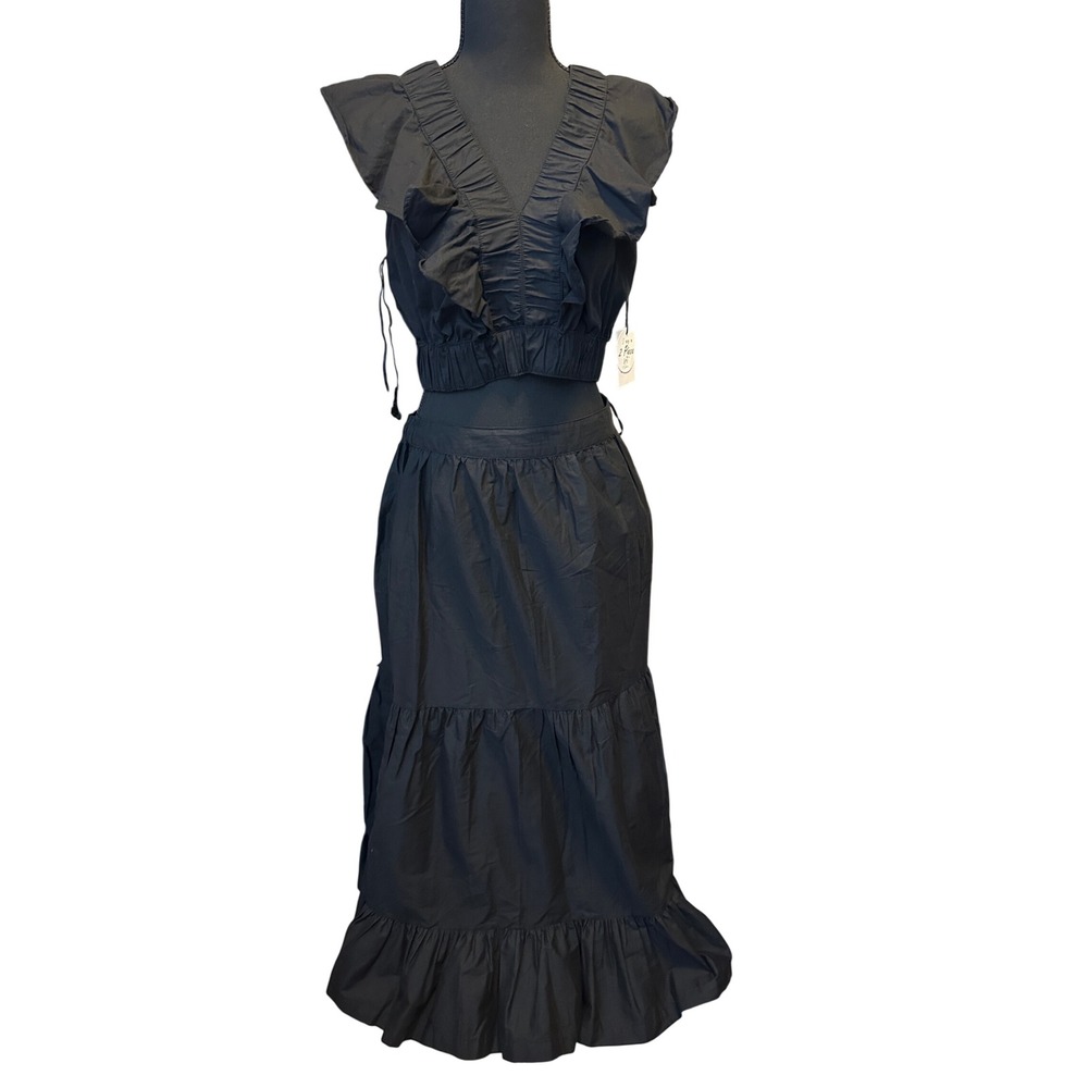 Japna Black 2 Piece Ruffle Crop Top Tiered Maxi Cotton Large NWT Boho Festival